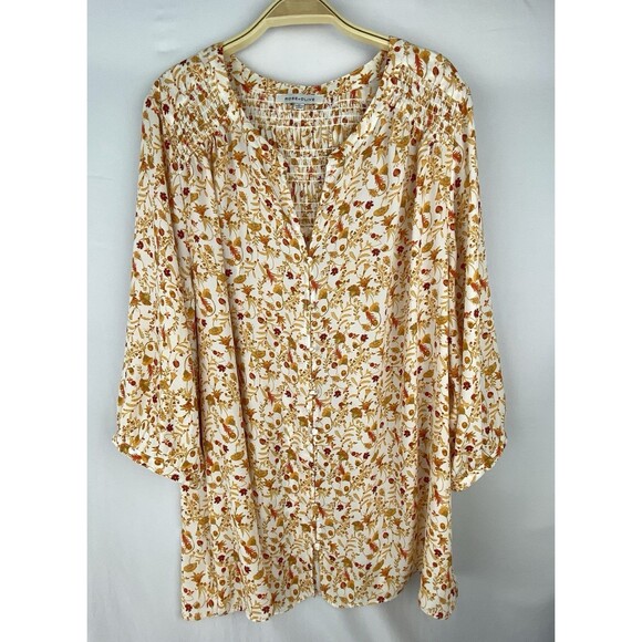 Rose + Olive Blouse Womens 1X Floral Smocked Blouse Button Front Fall Print - Picture 1 of 14